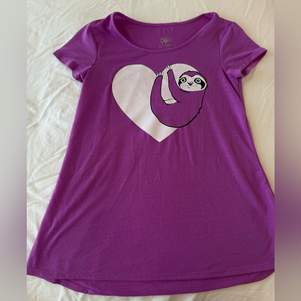 Justice Purple Sloth Graphic Tee Girls Size 12 Glitter Heart Short Sleeve Shirt